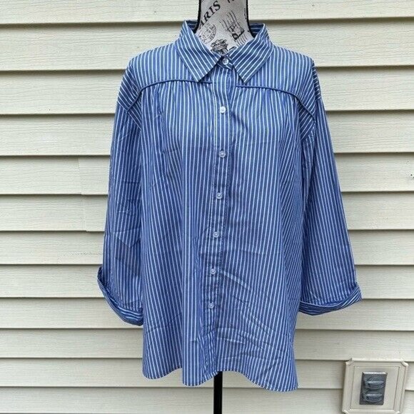 Dress Barn wrinkle resistant blue and white pin striped button up blouse - Picture 1 of 9